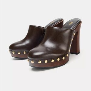 Zara Brown Platform Clogs with Gold Studs